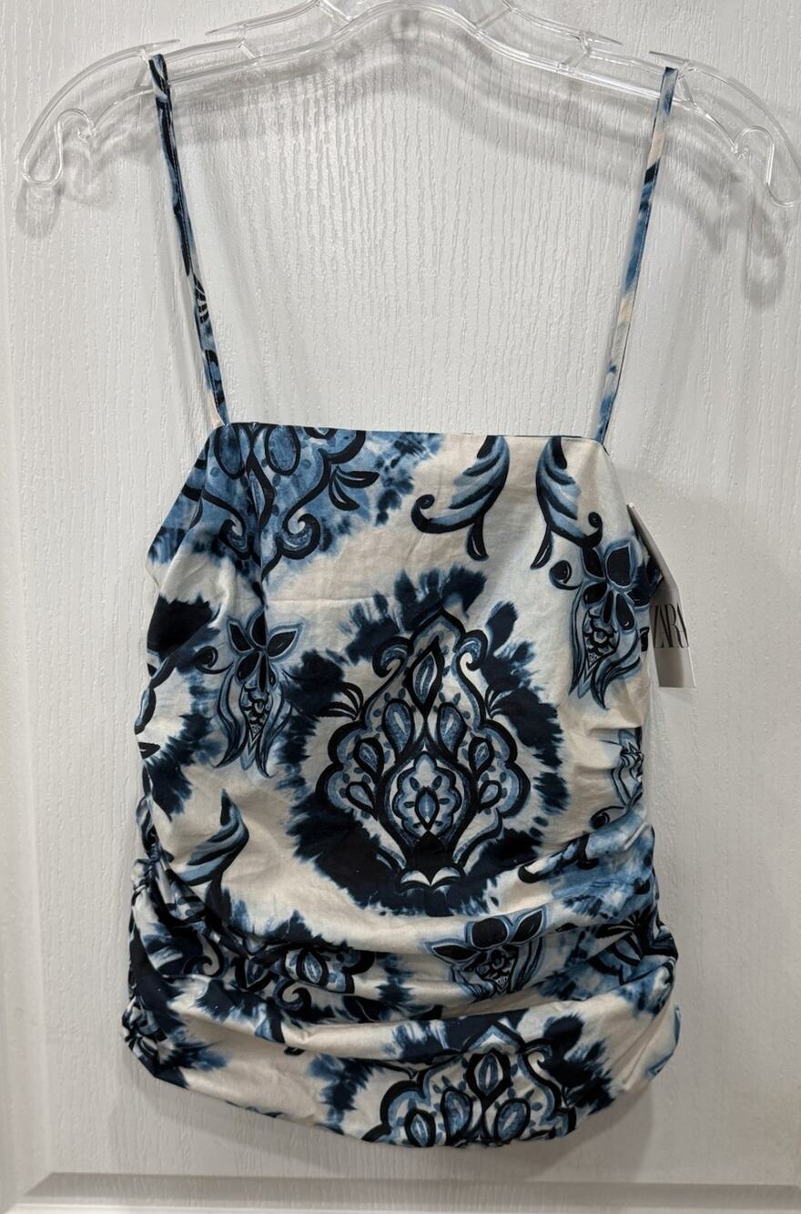 NWT ZARA Women’s Small Blue Paisley Ruched Tank Top Spaghetti Strap Coquette